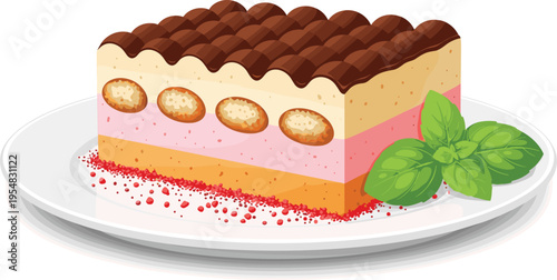 Colorful layered dessert slice with chocolate topping, creamy beige, pink biscuit layer, orange base, garnished with mint leaves and crumbs, culinary food art illustration