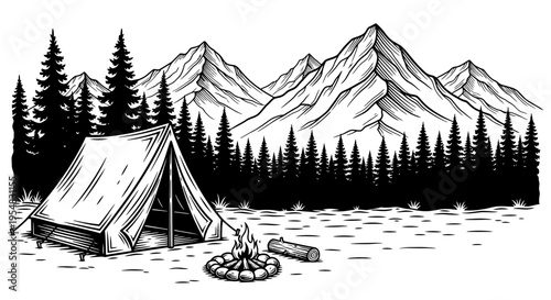 Rustic camping scene with a traditional tent, towering pine trees, majestic mountains, and a cozy campfire by a serene lake, depicted in black and white line art.