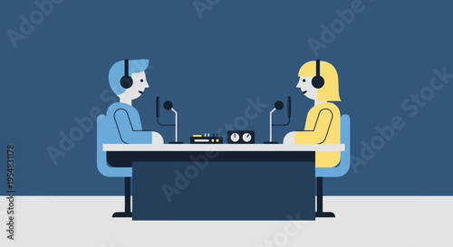 Two People Enthusiastically Podcasting or Broadcasting with Microphones and Headphones in a Blue Studio Setting