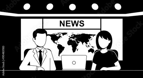 Two Professional News Anchors Reporting Live from a Studio with World Map on Screen, Broadcasting Information