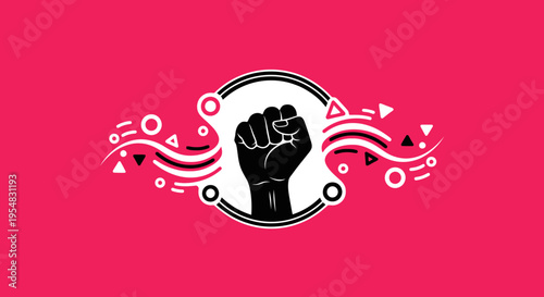 Powerful Raised Fist in a Circular Frame with Dynamic Geometric Abstract Elements on a Pink Background