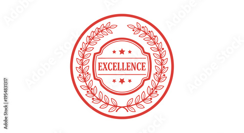 Elegant Circular Red Excellence Stamp or Seal, Featuring a Laurel Wreath and Stars, Symbolizing Superior Quality and Achievement, Isolated White Background.