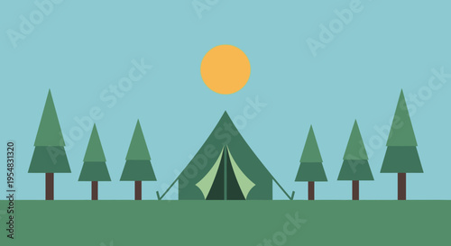 Peaceful Minimalist Camping Scene Illustration, Featuring a Green Tent, Pine Trees, and a Bright Yellow Sun in a Light Blue Sky.