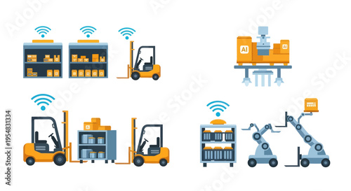 Automated Warehouse Systems with Forklifts and Robotic Arms.