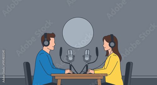 Engaging Man and Woman Hosting a Podcast or Radio Broadcast, Recording with Microphones and Headphones in a Modern Studio Setting.