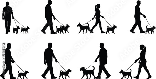Black silhouettes of men and women walking different breeds of dogs on leashes, set of people exercising with pets isolated on white background (24 words)