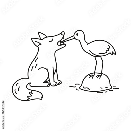 Aesop’s fable The Wolf and the Crane vector illustration. Fairy tale line art doodle, perfect for children’s stories and educational use. Cute and simple fairy tale illustration.