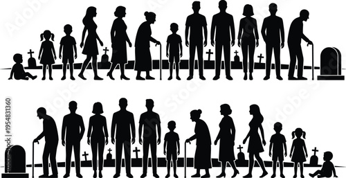 Human life cycle silhouettes set, stages of life aging death timeline cemetery vector illustration concept