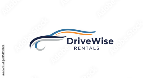 Dynamic Car Silhouette Logo with "DriveWise Rentals" Text, Modern Design in Blue, Grey, and Orange, Isolated White Background.