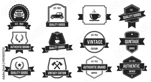 Vintage Badges and Labels Set for Quality Goods and Authentic Brands, Black and White Design, Isolated White Background.