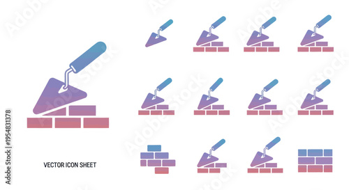 A vector icon set for construction and masonry featuring a bricklayers trowel and brick wall.