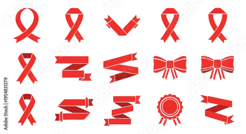 Collection of Red Ribbon Awareness Symbols and Decorative Elements.