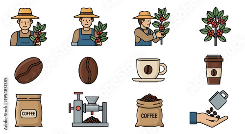 Coffee Production Icons: Farmers Beans Plants Cups Grinder and Packaging.