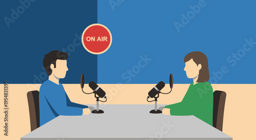 Two People Hosting a Podcast or Radio Show in a Studio with Microphones and On Air Sign