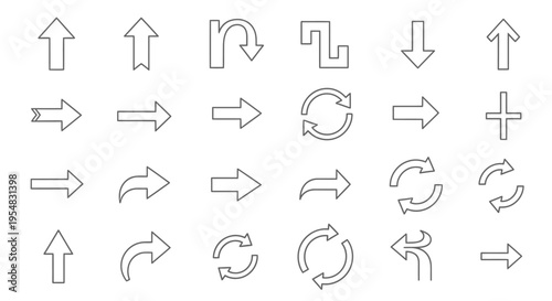 Set of Outline Arrow Icons for Direction and Navigation on Isolated White Background