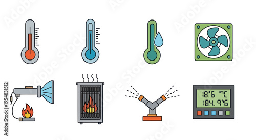 Colorful Climate Control and HVAC System Icons Set.