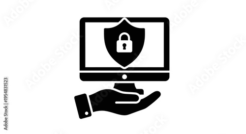 Online Security Concept Icon with Hand Holding Monitor Displaying Shield and Padlock, Isolated White Background