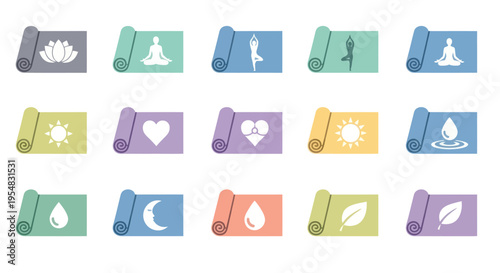 A collection of colorful yoga mats with various wellness nature and spiritual icons.