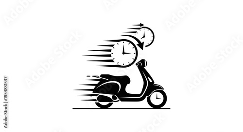 Fast Moving Scooter with Multiple Clock Icons Emphasizing Urgent and Express Delivery on Isolated White Background