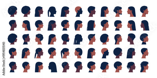 Diverse profile faces of women men boys and girls on simple background