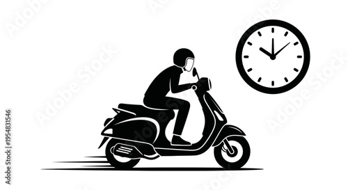 Person Riding a Scooter with Clock Icon Depicting Timely Transportation or Quick Travel on Isolated White Background