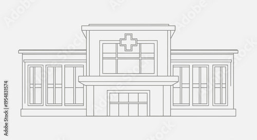Outline Drawing of a Modern Hospital Building with Cross Symbol Representing Healthcare Facility in Bright Studio