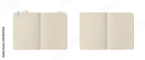 An overhead view shows a kraft-brown, rounded-corner notebook opened across two spreads, one with color-coded sticky notes and the other without