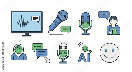 Collection of Voice Recognition and AI Technology Icons in Flat Design.