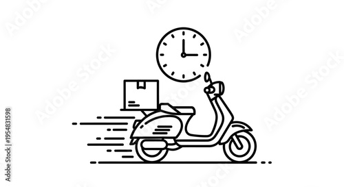 Fast Delivery Scooter with Package and Clock Icon Representing Timely Shipping Service on Isolated White Background