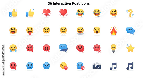 Collection of 36 Interactive Post Icons Featuring Emojis and Symbols.
