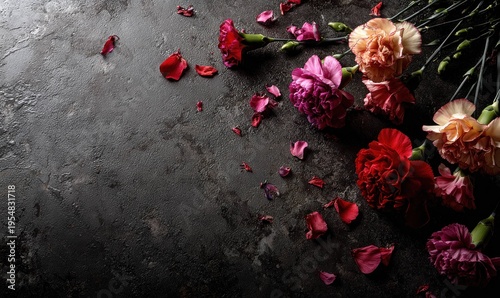 Carnation flowers with red, pink, and peach colors arranged on black textured background with scattered petals for floral decoration and romantic concept.