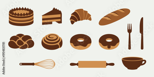 Delicious Assortment of Chocolate Baked Goods and Bakery Tools Flat Icon Set Graphic