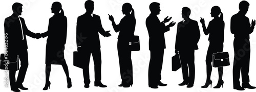 Black, business, silhouettes, of, professionals, meeting, shaking, hands, and, talking, isolated, on, white, background, for, corporate, teamwork, partnership, success, networking