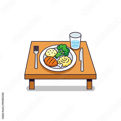 Healthy Dinner Plate with Chicken, Mashed Potatoes, Broccoli, and Water