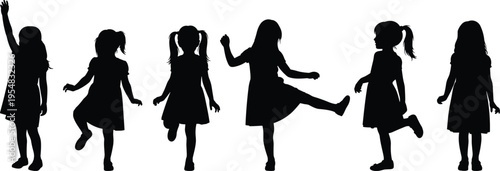 Black, silhouettes, of, little, girls, dancing, playing, and, posing, isolated, on, white, background, for, childhood, education, family, joy, school, kids