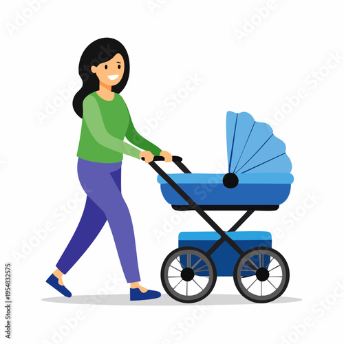 Happy mother enjoying a stroll, pushing a baby stroller in bright and joyful illustration.