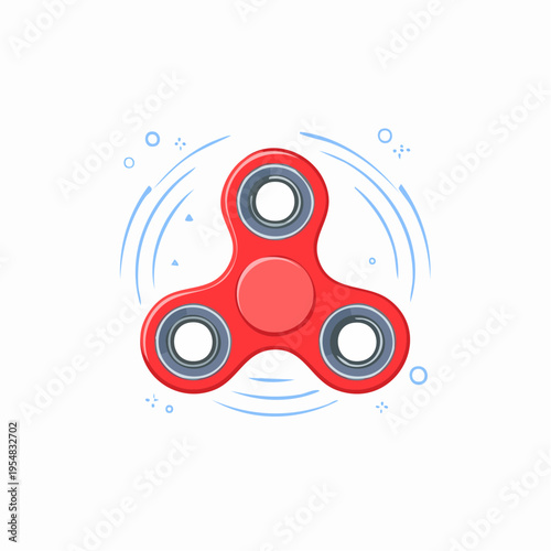 Red fidget spinner toy, spinning, modern design, isolated on white, top view.