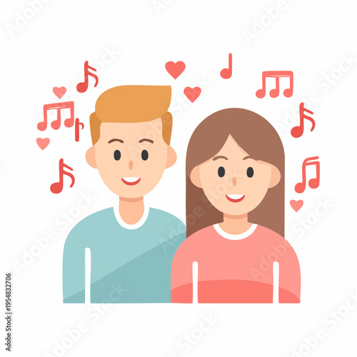 Happy couple with music notes and hearts sharing love