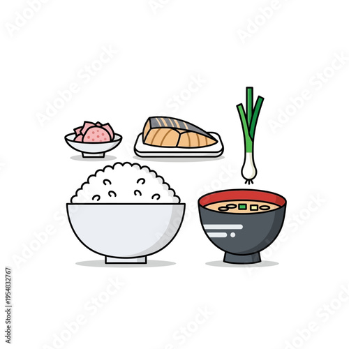 Japanese Food Set: Rice, Salmon, Miso Soup, Pickles, and Scallion - Flat Illustration