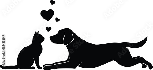 Black silhouette of a cat and dog sitting together with hearts isolated on white background for pet love animal care