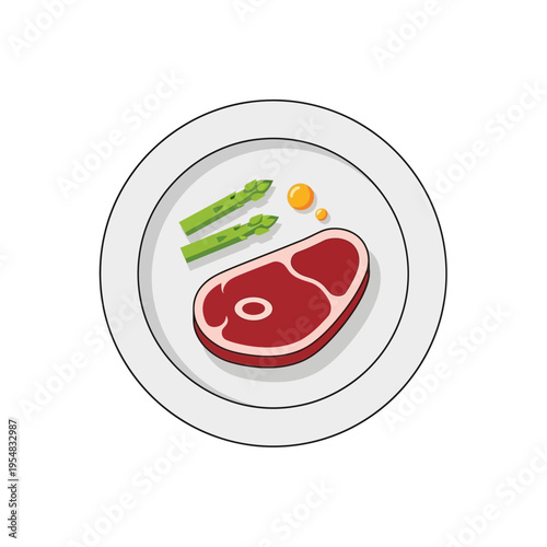 Raw Steak and Asparagus on Plate Vector Illustration