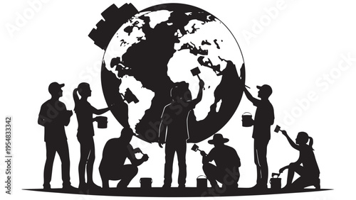 Street Mural of Planet Earth Painted by Volunteers — Community Environmental Art Minimal Black-and-White Solid Silhouette Vector, Isolated on White