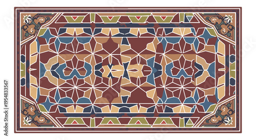 Vibrant geometric patterned rug with intricate floral designs in shades of red, blue, and orange on a white background.