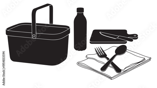 Reusable Picnic Set with Cloth Napkin and Utensils — Zero Waste Outdoor Dining Minimal Black-and-White Solid Silhouette Vector, Isolated on White