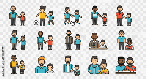 Diverse cartoon families with children in various poses and activities.