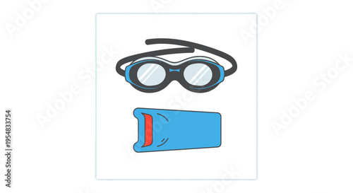 Cartoon Swimming Goggles and Kickboard Illustration on White Background.