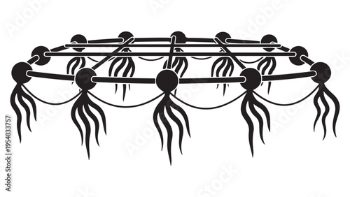 Offshore Kelp Farm with Floating Buoys and Ropes — Marine Aquaculture Minimal Black-and-White Solid Silhouette Vector, Isolated on White