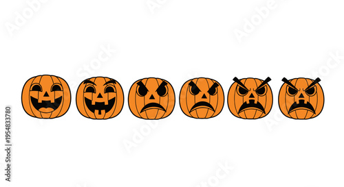 A set of six Halloween jack-o-lanterns with changing facial expressions from happy to angry.