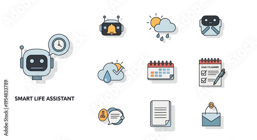 Smart Life Assistant Icons Set with Robot Weather Calendar and Communication Symbols.