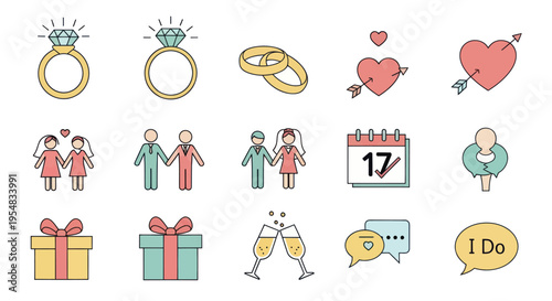 Colorful Wedding and Engagement Icon Set with Various Elements.